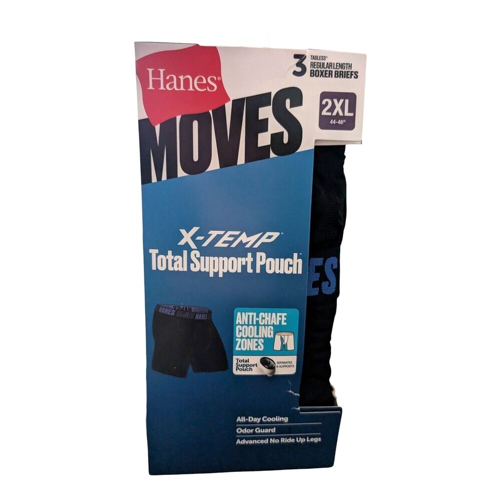 Hanes Moves Men's Boxer Briefs 3-Pack X-Temp Total Support Pouch Black 2XL New